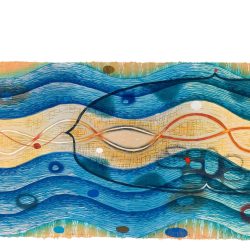 Artwork by Karen Kunc: “Braided Waters,” 2002, woodcut on shaped paper, 18” x 48